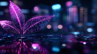 Glowing neon plant leaves with digital circuit patterns on dark background with bokeh lights and water reflections, futuristic nature concept for technology growth.