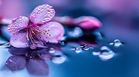 Delicate pink cherry blossom reflected on water surface with morning dew drops creating magical bokeh effect against dark blue background. Macro nature photography.