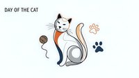 Cute cartoon cat with orange collar sitting playfully with yarn ball and paw prints on white background for pet care designs and feline lover projects.