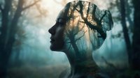 Double exposure portrait of a woman's profile with forest trees and branches integrated into her silhouette, representing nature connection, mindfulness, and environmental awareness for wellness and mental health concepts.