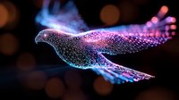 Glowing digital bird made of connected dots and lines in pink and blue neon colors flying against dark background with bokeh lights. Suitable for technology concepts.