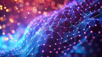 Digital network wave with glowing dots and lines on purple and blue gradient background with bokeh effect creates futuristic technology concept.