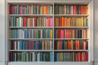 Modern bookshelf filled with colorful hardcover books arranged in rows on white wooden shelves, creating vibrant rainbow pattern in home library setting.