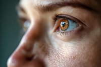 Close-up macro shot of bright amber colored eye with long eyelashes and natural skin texture showing freckles and pores against blurred green background.