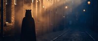 Mysterious hooded figure standing on foggy cobblestone street at night with warm glowing streetlights creating atmospheric urban scene for thriller concepts.