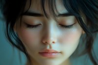 Young Asian woman with closed eyes and serene expression, natural makeup, long eyelashes and dark hair against soft blue background, closeup portrait.