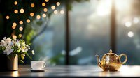 Serene morning tea setting with golden teapot, white cup and jasmine flowers on wooden table against blurred bokeh lights and sunbeams through window.