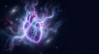 Glowing anatomical heart with electric energy and cosmic nebula background for medical and science concepts.