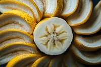 Fresh sliced banana arranged in circular pattern showing cross section with natural star pattern in center, macro food photography on dark background.