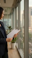 Professional Asian businesswoman reviewing documents on clipboard in modern office corridor with natural lighting for corporate presentations.
