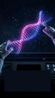 Scientist hands manipulating glowing DNA double helix hologram in futuristic laboratory for genetic research and biotechnology innovation.