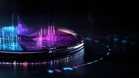 Futuristic audio visualization with glowing pink and blue light bars emerging from vinyl record surface against dark background, creating dynamic music concept.
