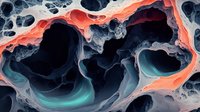 Ethereal abstract fluid art in coral and navy blue tones creates organic flowing shapes with dramatic light effects, suitable for modern wall decor and creative backgrounds.