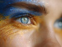 Close-up of bright blue eye with creative gold and blue makeup artistry around eyebrow and lid, showcasing artistic beauty and fashion cosmetics application.