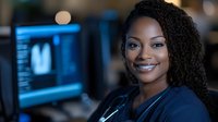 Confident African American female doctor with curly hair smiling in medical office with x-ray images on computer monitors in background.