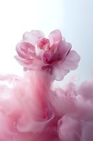 Pink peony flower emerging from soft misty smoke effect against light background, creating dreamy ethereal atmosphere for romantic designs.