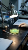 Laboratory scientist examining bacterial culture in petri dish under desk lamp with microscope and research equipment in background for microbiology studies.