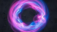 Glowing neon circular vortex with magenta and cyan swirling energy waves on dark background, suitable for digital design and tech graphics.