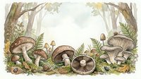 Watercolor forest floor scene with various mushrooms, ferns and fallen leaves creating natural woodland border frame for botanical illustration designs.