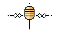 Minimalist retro microphone icon with geometric line decorations in orange and black colors on white background, isolated design element for music and audio projects.