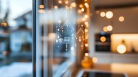 Smart home automation concept with glowing icons on glass window showing connected devices against blurred warm interior lights and bokeh background.
