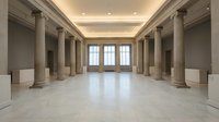 Empty neoclassical interior hall with marble columns and polished floors for luxury architecture and design projects.