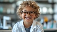Young boy with curly blonde hair and glasses smiling in laboratory setting, wearing white lab coat over casual clothing, suitable for educational, science, and STEM learning materials.