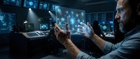 Mature Caucasian male scientist analyzing holographic data visualization in futuristic laboratory with advanced technology interfaces and digital displays.