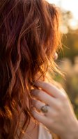 Woman with wavy auburn hair glowing in warm golden sunset light, hand with ring touching neck, soft bokeh nature background.