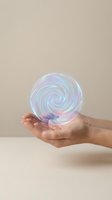 Hands holding iridescent holographic spiral sphere with rainbow reflections on neutral beige background for modern design concepts.