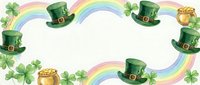 St. Patrick's Day border with leprechaun hats, gold coins, shamrocks and rainbows on white background for festive greeting cards and decorations.
