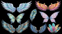Colorful wings collection featuring angel, fairy, butterfly, and feather designs isolated on transparent background. Ready for t-shirt designs, clipart, stickers, sublimation, and print-on-demand projects.