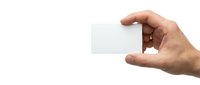 Male hand holding blank white business card mockup isolated on white background for branding and corporate identity design projects.