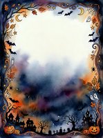 Watercolor Halloween frame with pumpkins, ghosts, bats, haunted house, and autumn leaves, featuring a blank center for text or design.