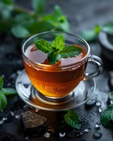 Fresh mint tea in glass cup garnished with green leaves, surrounded by scattered ice cubes and mint sprigs on dark background. Moody beverage photography.