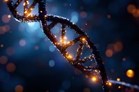 Glowing DNA strand with golden light particles on dark blue background with bokeh effect, representing genetic research and biotechnology advancement.