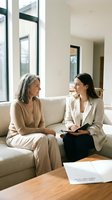 Professional therapist counseling mature woman client on modern sofa in bright office setting with natural light and contemporary interior design.
