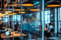 Financial data visualization on glass screen showing rising market trends and analytics graphs in modern corporate office with ambient lighting.