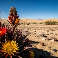 Vibrant desert wildflowers blooming in arid landscape with sandy terrain and clear blue sky. Colorful cacti blossoms showcase nature's resilience in harsh environment.