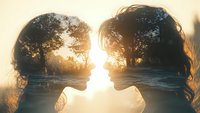 Double exposure silhouette of young couple facing each other against sunset landscape with trees and water, creating romantic dreamy atmosphere for love stories.