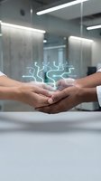 Two diverse professionals stacking hands together with glowing neural network hologram above in modern office, symbolizing teamwork, innovation, and digital collaboration.