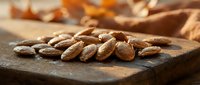 Raw almonds scattered on rustic wooden cutting board with warm natural lighting for healthy snacking and cooking ingredients.