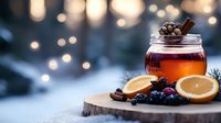 Cozy winter drink with honey, berries and citrus on wooden board against blurred bokeh lights background. Festive seasonal beverage with spices and natural ingredients.