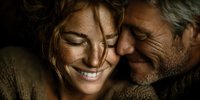 Mature couple sharing intimate moment with genuine smiles and tender embrace showing deep connection and lasting love in warm natural lighting.