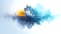 Modern geometric lotus flower with watercolor splashes in blue and orange tones on light background for wellness branding and meditation designs.