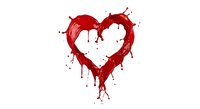 Red paint splash forming heart shape with dripping effect on white background, isolated design element for romantic projects and creative artwork.