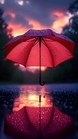 Red umbrella with raindrops reflecting in calm water at sunset, dramatic pink and purple sky creates magical atmosphere for romantic mood and weather concepts.
