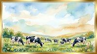 Herd of black and white dairy cows grazing in lush green pasture with golden sunset sky and distant mountains, watercolor style landscape for farm and agriculture designs.