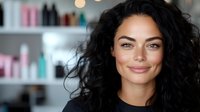 Confident woman with curly dark hair smiling in beauty salon with blurred product shelves in background. Perfect for beauty industry marketing.