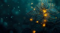 Glowing magical fireflies illuminate emerald leaves against dark teal background with bokeh lights, creating enchanting fantasy nature atmosphere.